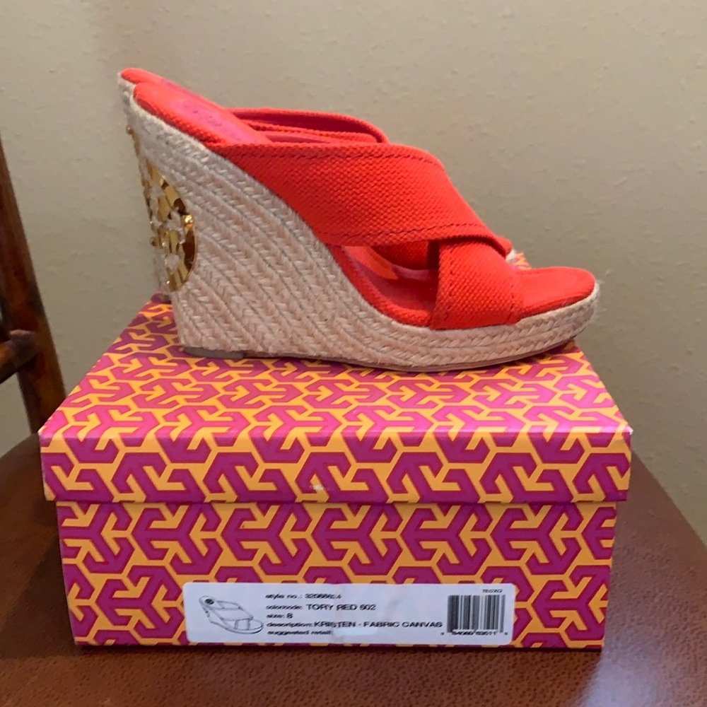 Tory Burch wedges.Size 8.Red w/ gold logo on heel